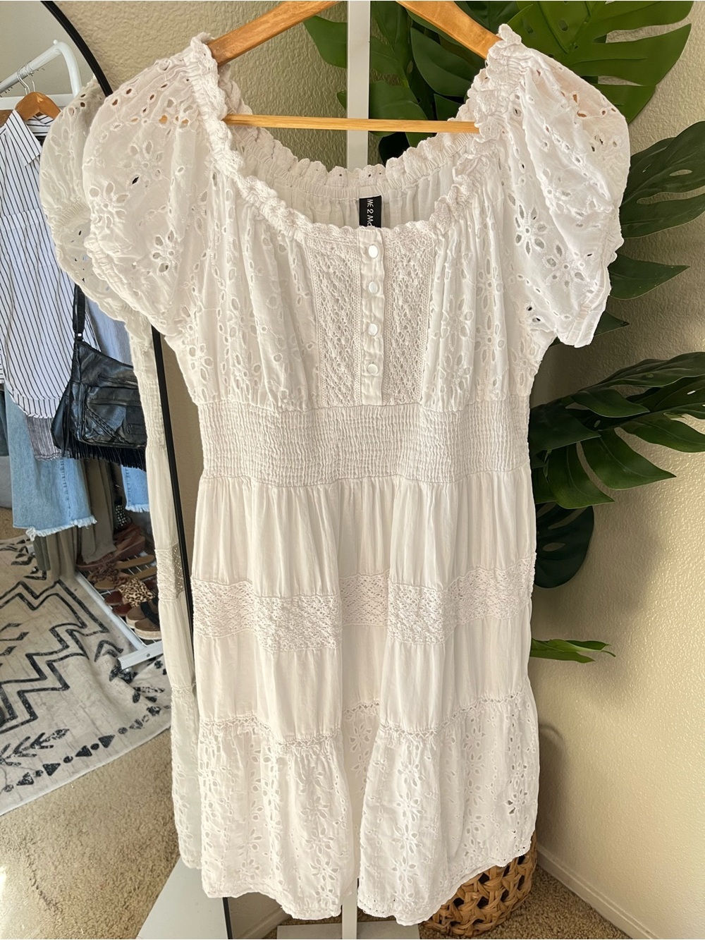 White Eyelet Midi Dress Size M | Boho Cottagecore Puff Sleeve Cotton Dress